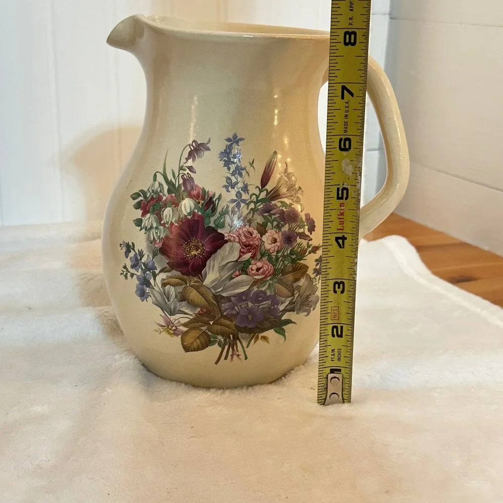 Vintage Shaker & Thangs Pottery Floral Pitcher Cream Excellent Stoneware Vase